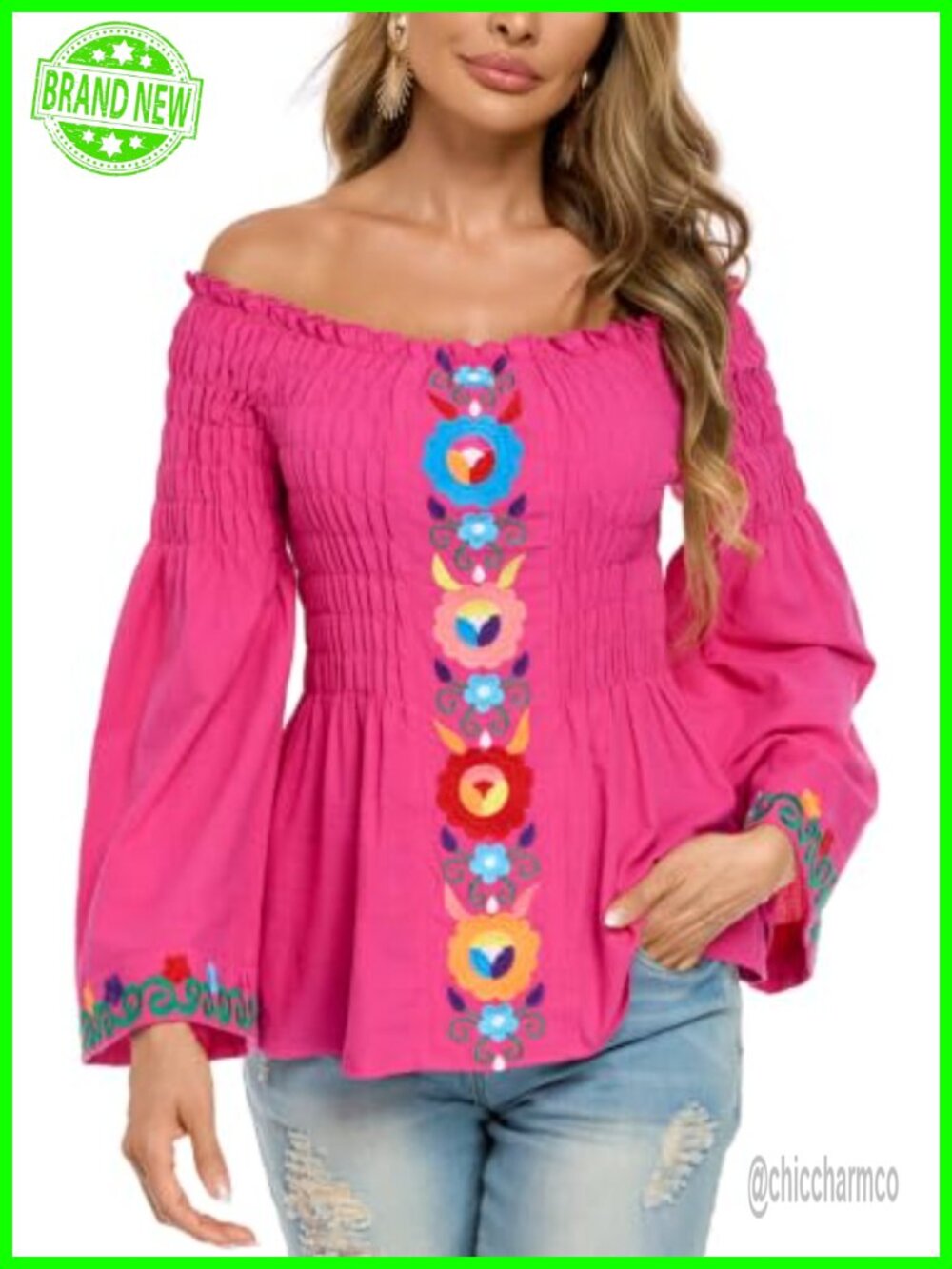 Mexican Embroidered Off Shoulder Top Boho Puff Sleeve Peasant Blouse